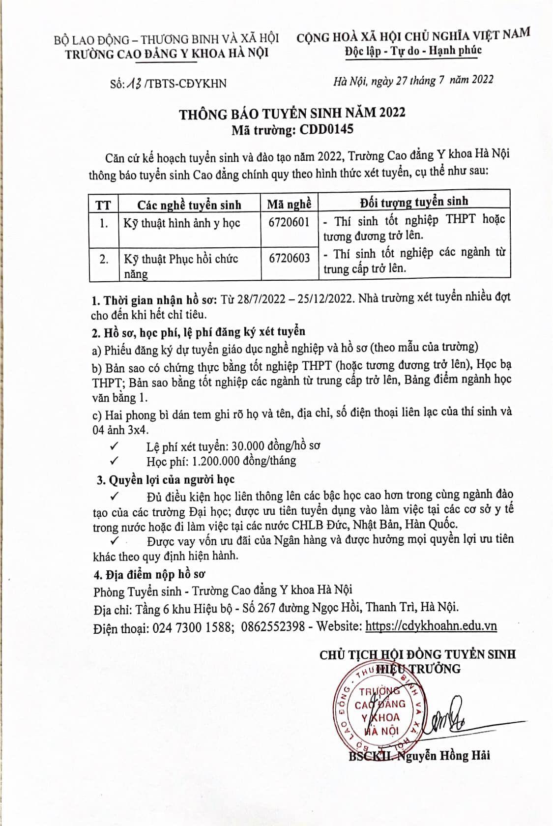 THÔNG BÁO TUYỂN SINH NGÀNH KỸ THUẬT HÌNH ẢNH Y HỌC VÀ KỸ THUẬT PHỤC HỒI CHỨC NĂNG HỆ CAO ĐẲNG CHÍNH QUY