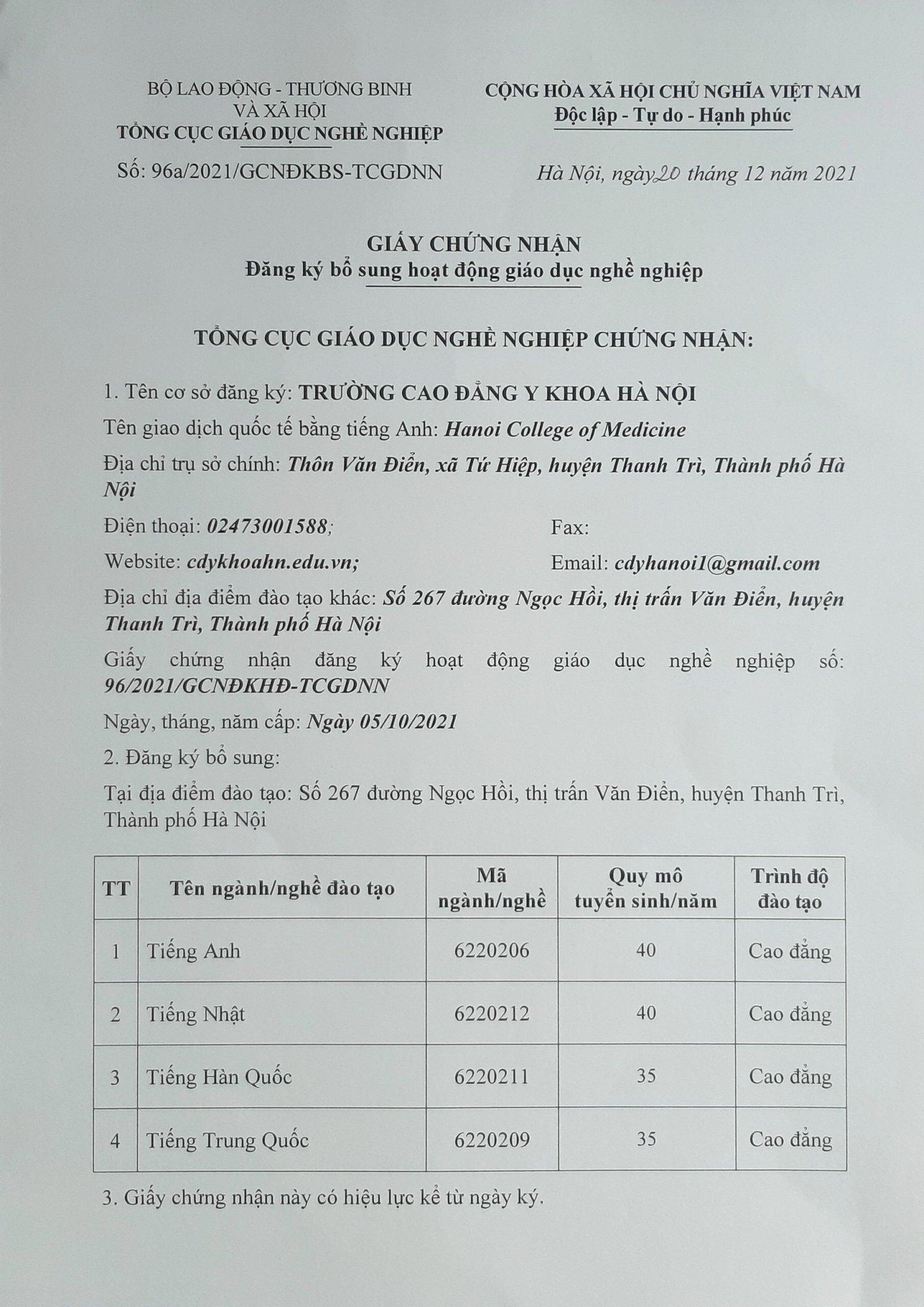 Chứng nhận đăng ký bổ sung hoạt động giáo dục nghề nghiệp của Trường Cao đẳng Y khoa Hà Nội