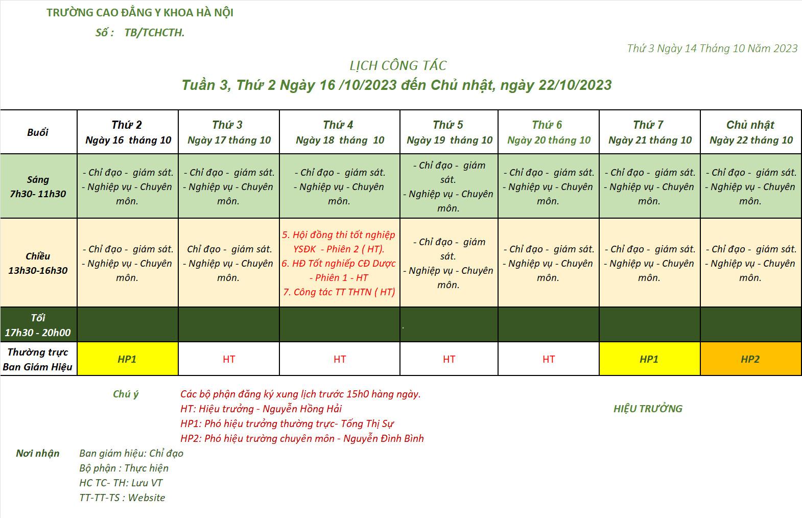 LỊCH CÔNG TÁC LÃNH ĐẠO TUẦN 3 THÁNG 10 